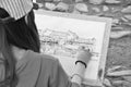 Hongcun Village drawing with artist Royalty Free Stock Photo